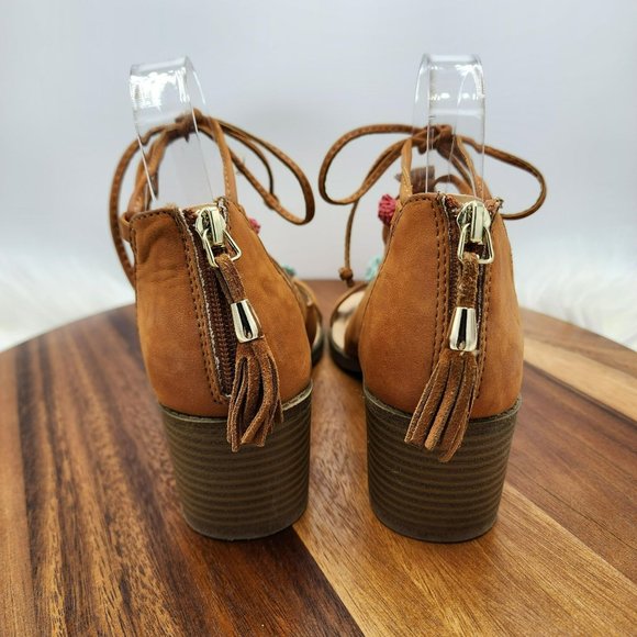 Maurices Ember Sandals 7 Camel Brown Zip Back Strappy Lace Up Tassel Stack Heel - Picture 6 of 13